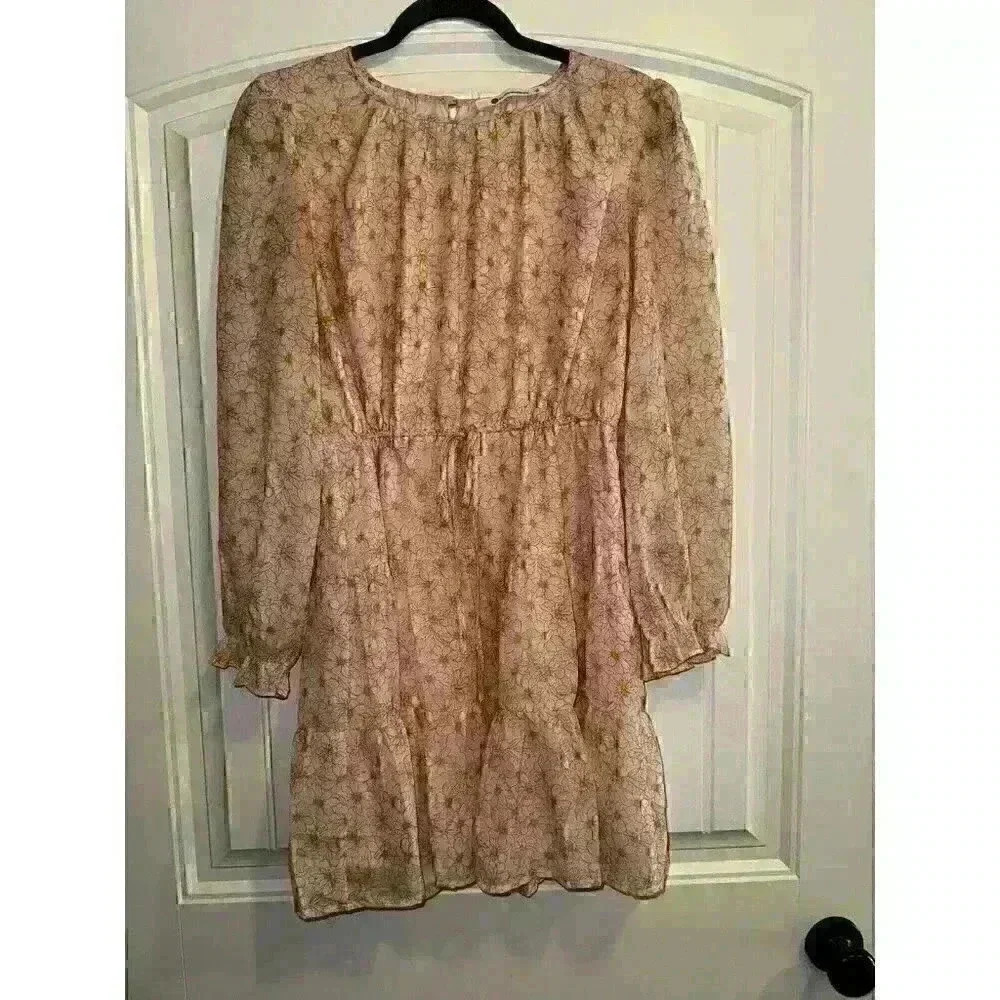 The Impeccable Pig Long Sleeve Orange‎ Tiered Lined Floral Dress Size Medium